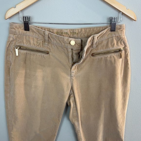 Michael Kors Corduroy Pants 4 Womens Khaki Tan Skinny Leg Zip Pockets MK - Picture 3 of 9